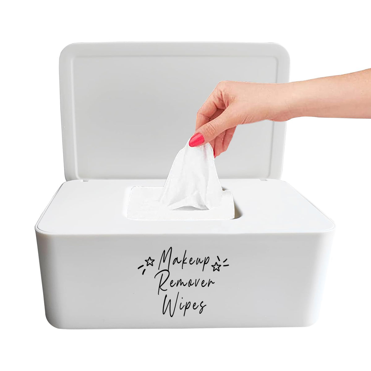 Moorfowl makeup remover wipes dispenser front view on vanity for quick access.