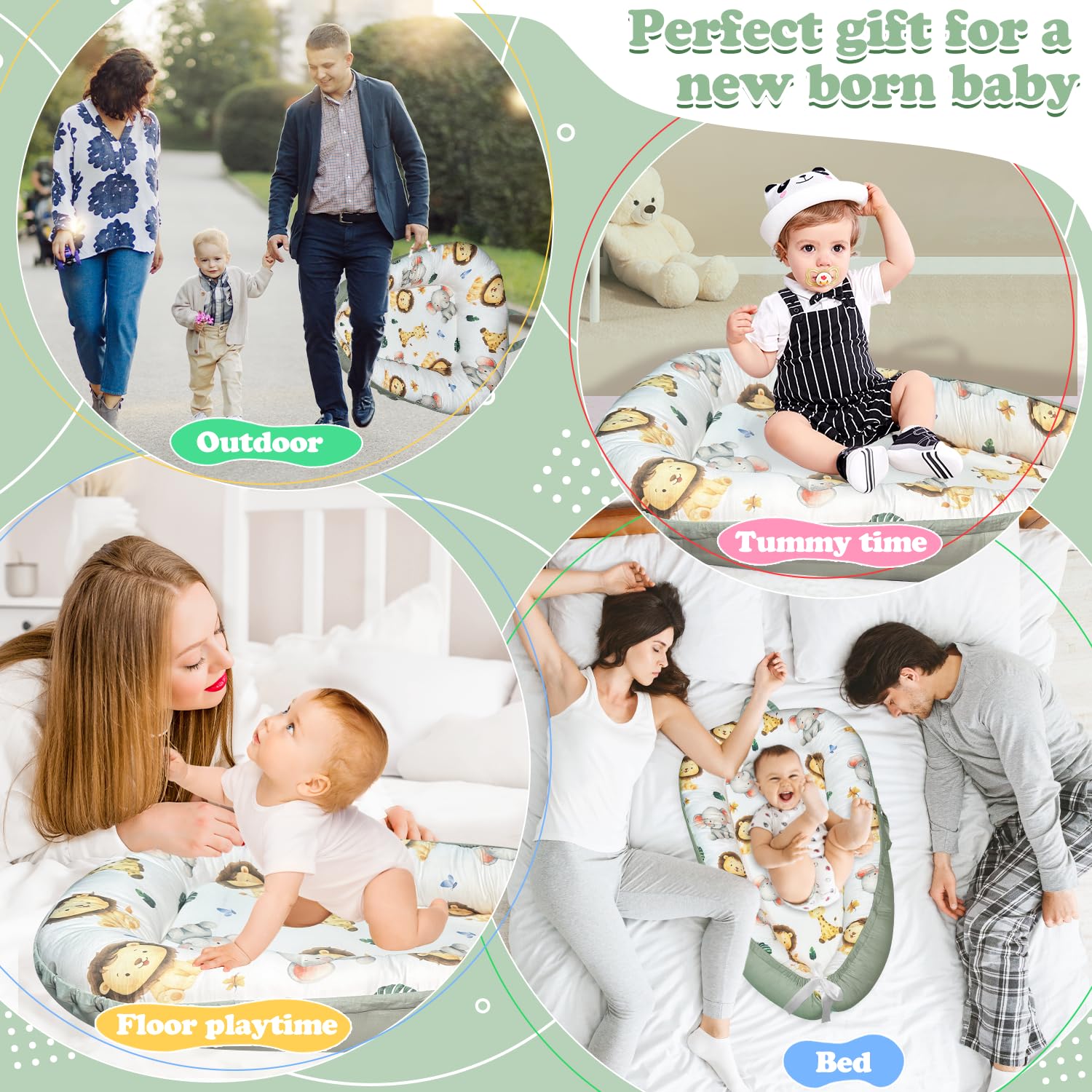 Morabloomy tummy time activity kit included for motor skill play.