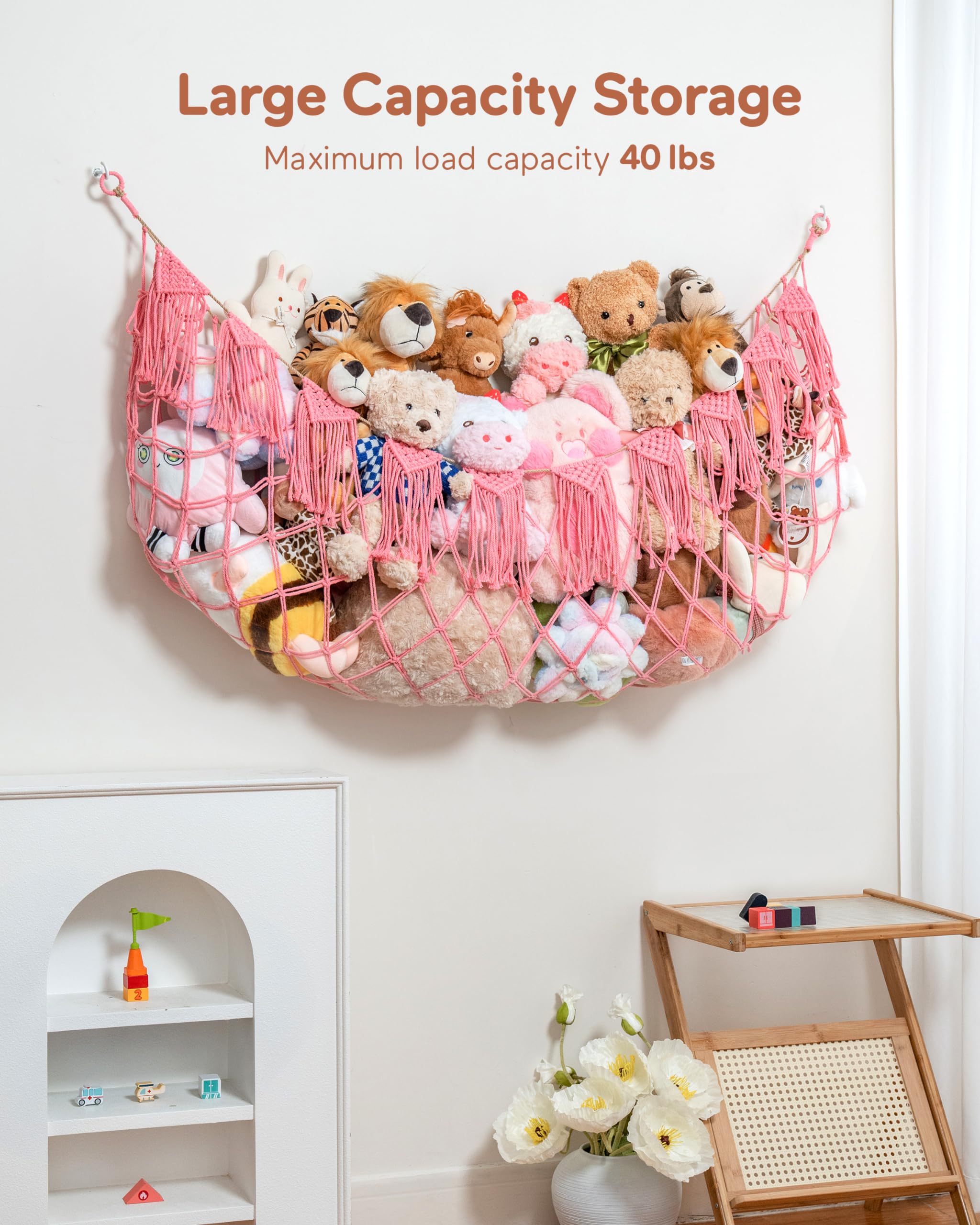 MORCCO boho macrame toy hammock with lights adds decorative glow to a room.