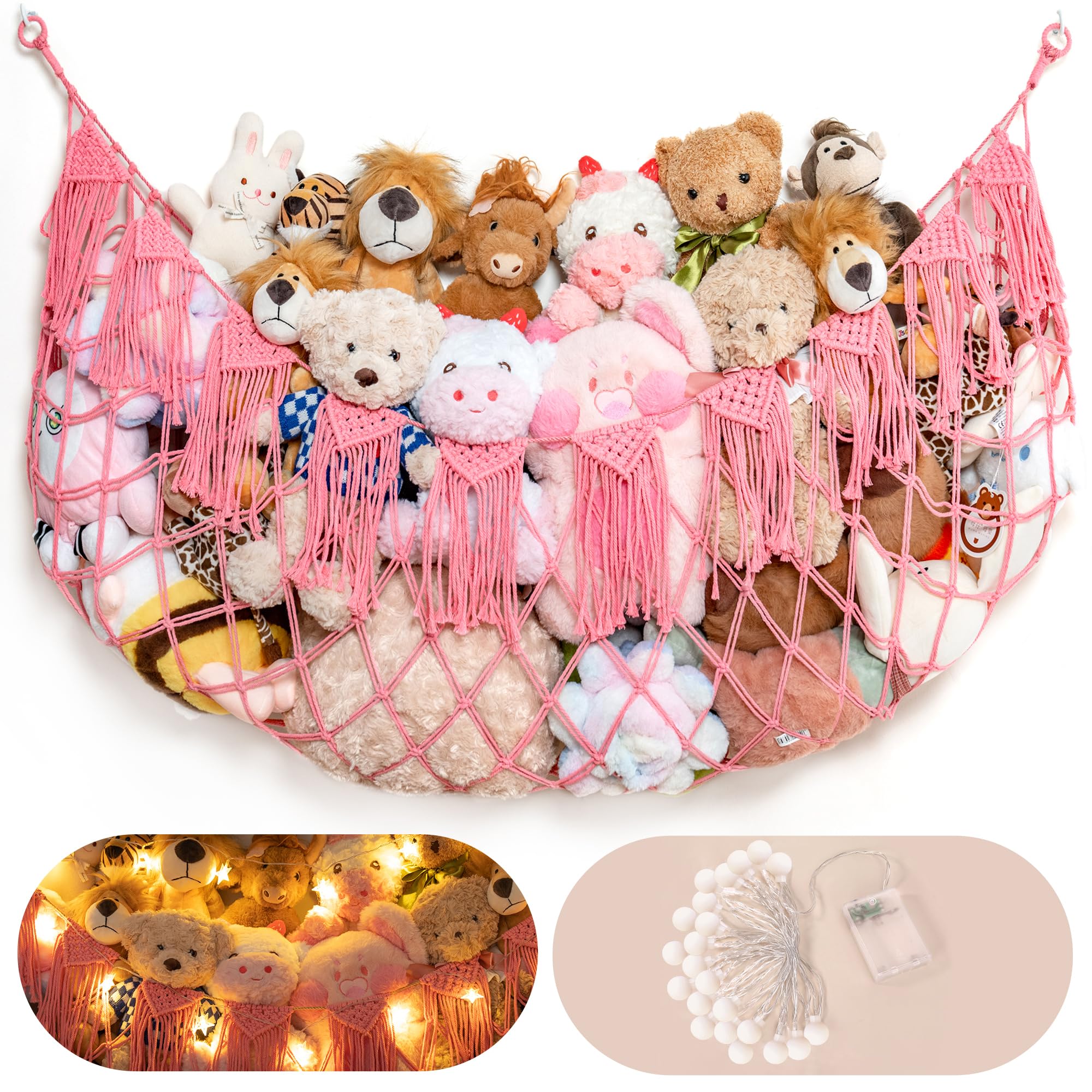 MORCCO pink wall mounted stuffed animal hammock stores plush toys neatly and saves floor space.