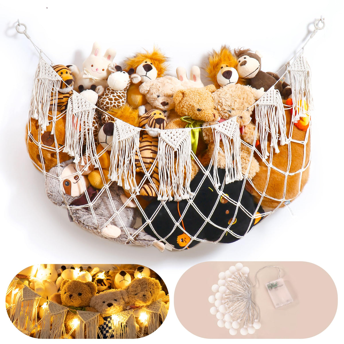 MORCCO stuffed animal hammock on wall mount with gentle lights keeps toys organized
