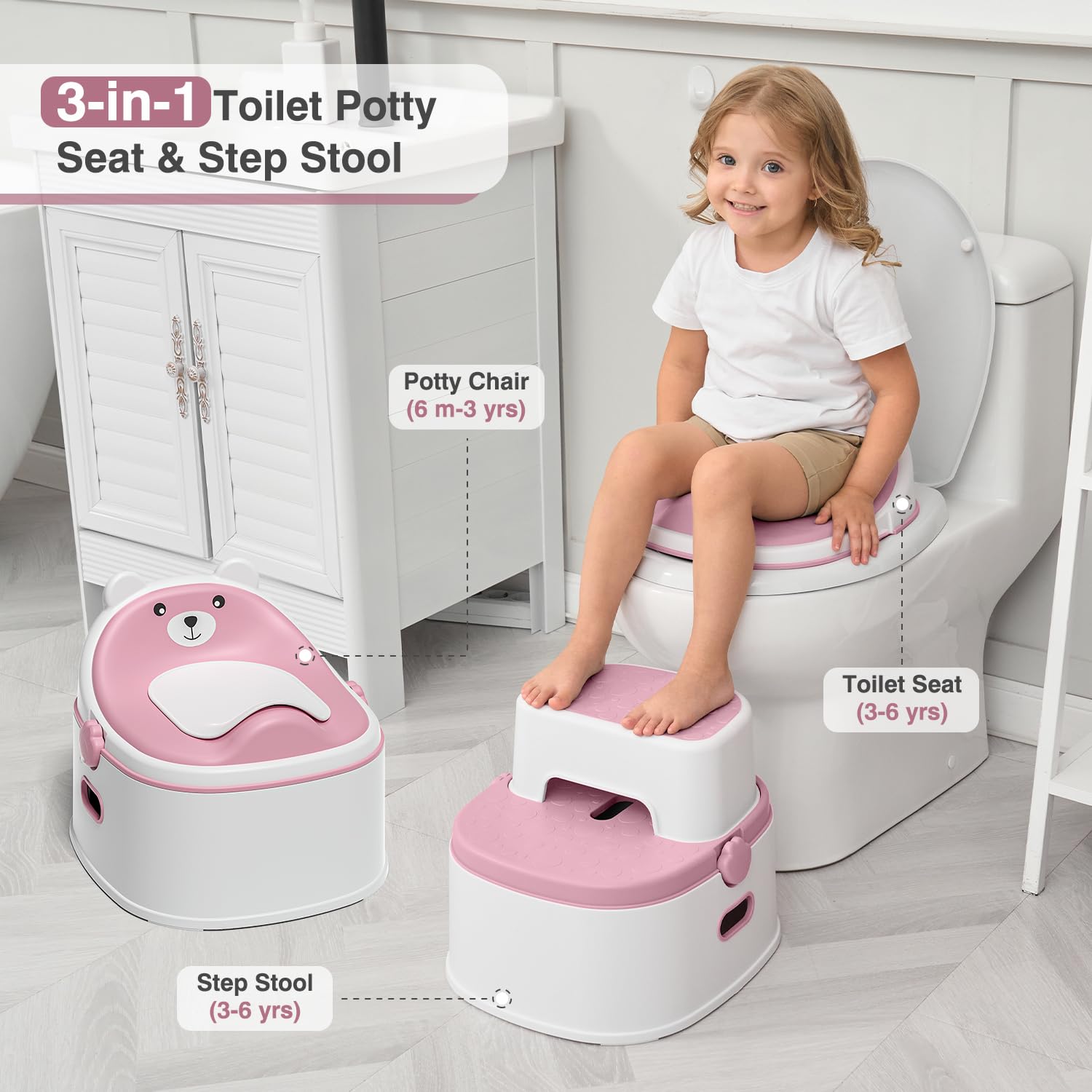 MoreFeel 3-in-1 potty trainer seat conversion fits standard toilets for real-life use.