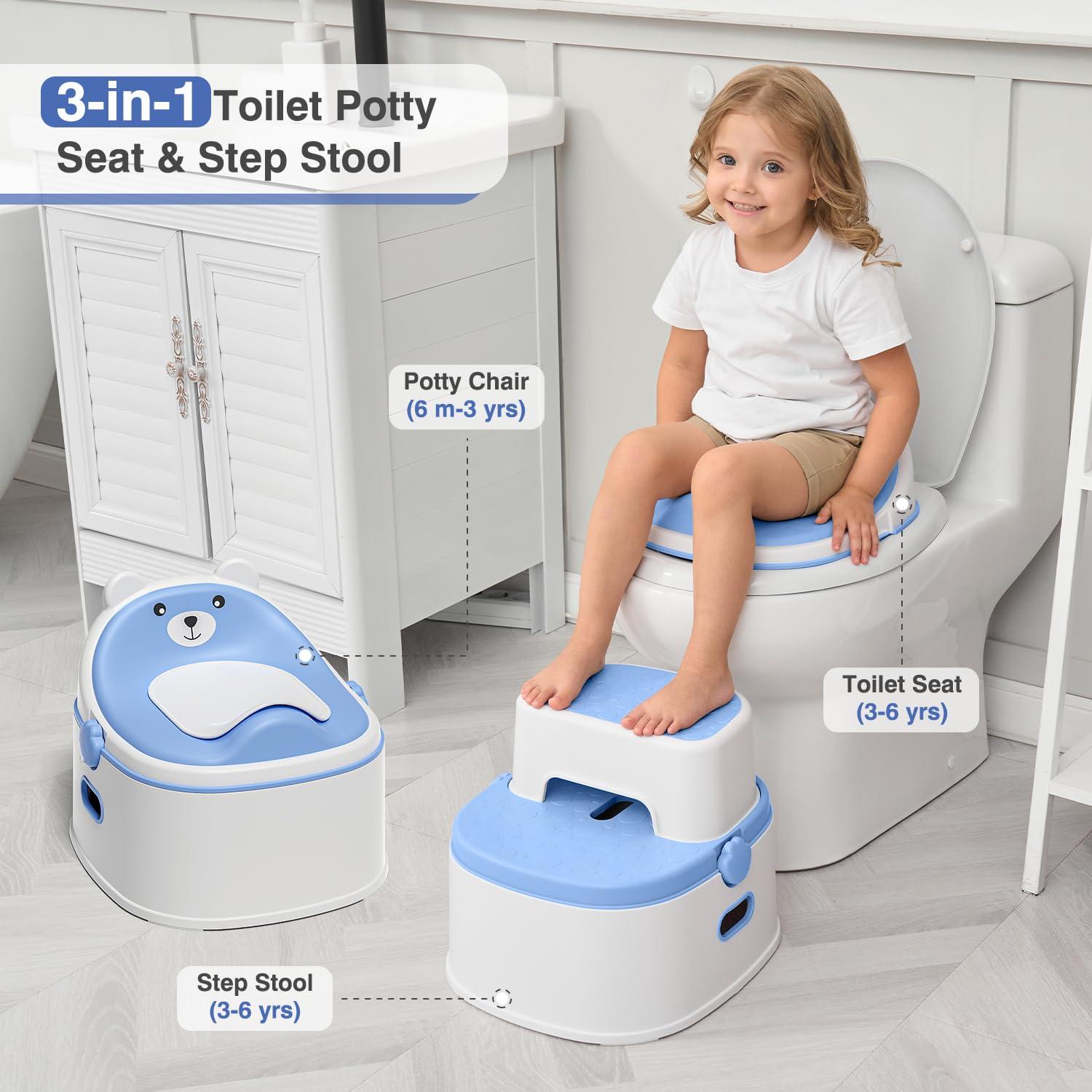 MoreFeel 3-in-1 toddler potty converts to a toilet seat for regular bathrooms.