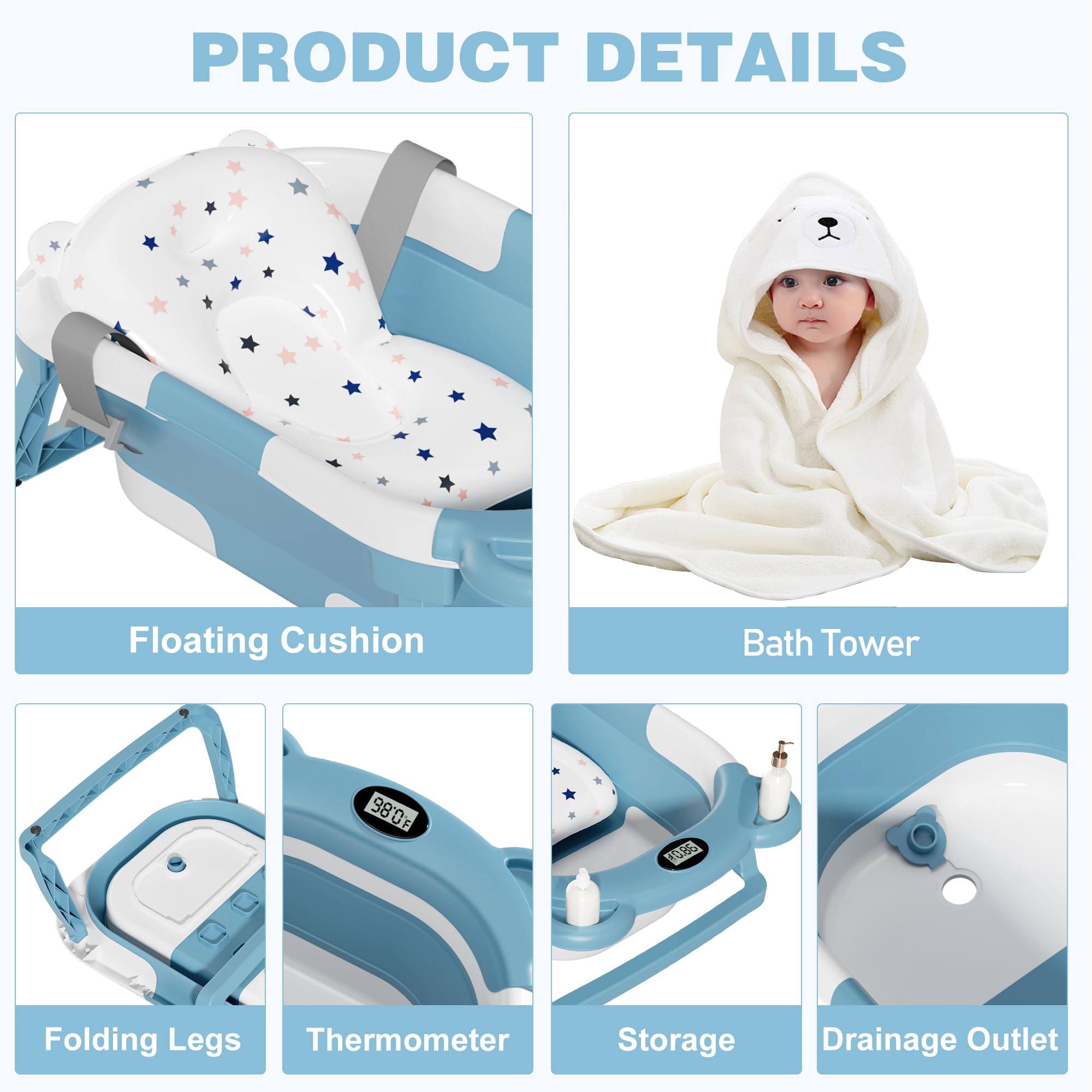 MoreFeel baby tub 0-36 months emphasizes long-lasting use from newborn to toddler.