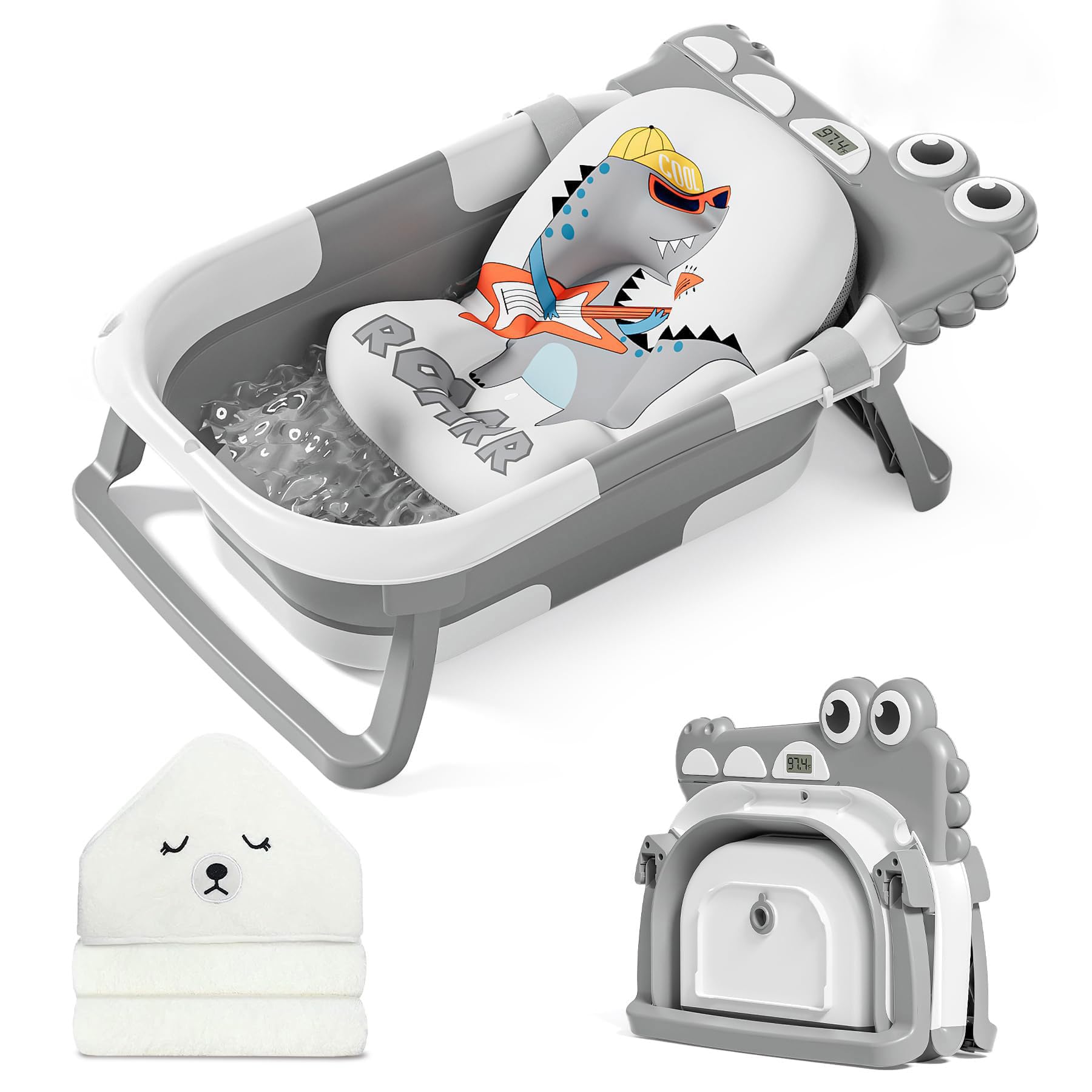 MoreFeel collapsible baby bathtub folded flat for compact storage and travel.