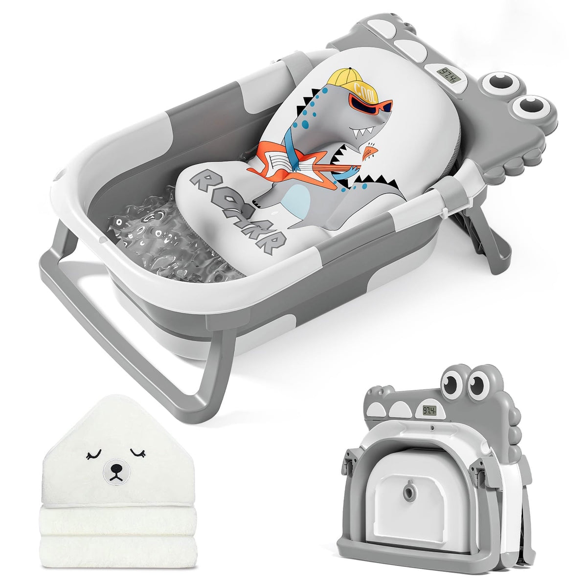 MoreFeel collapsible baby bathtub folded flat for compact storage and travel.
