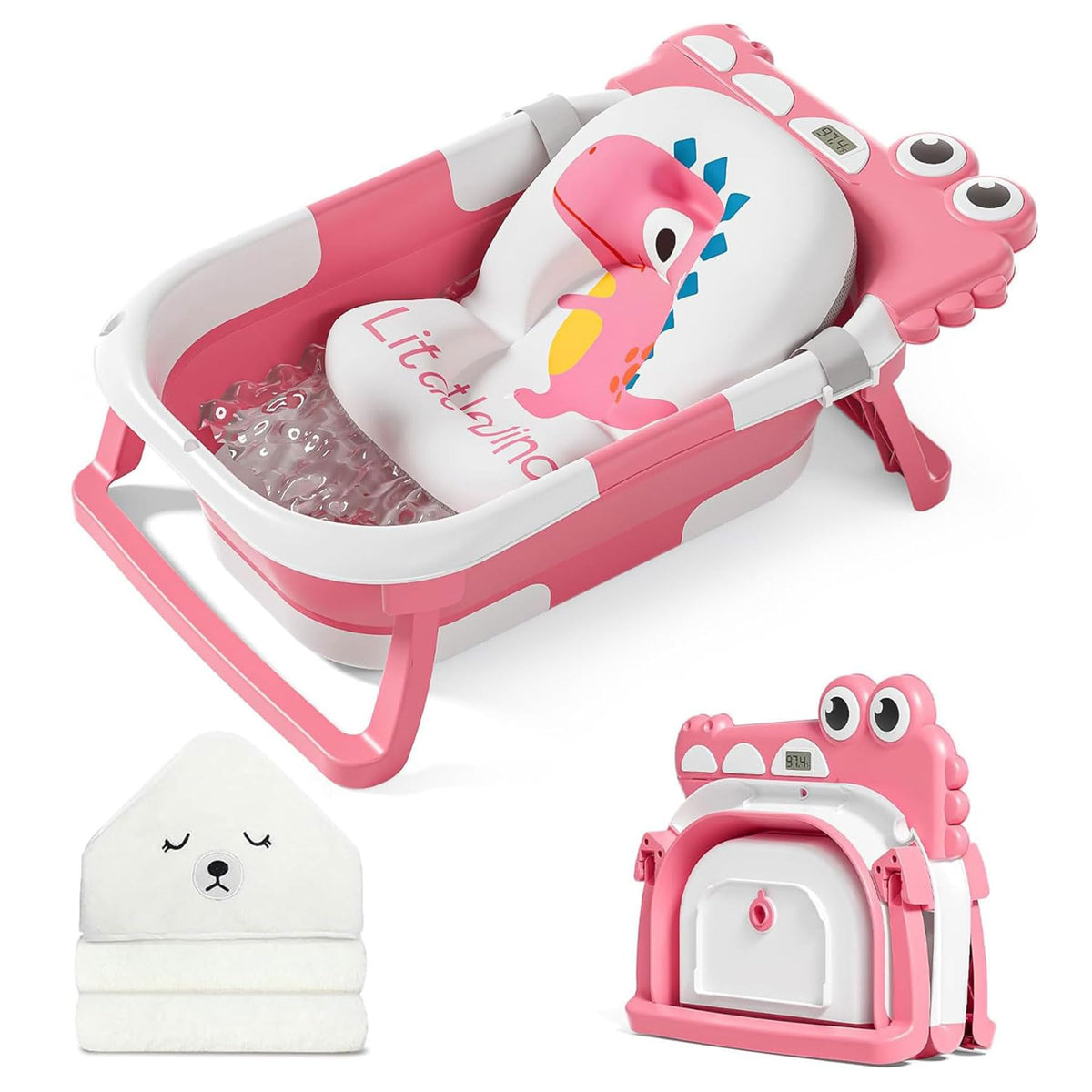 MoreFeel collapsible baby bathtub folded compactly for space-saving storage