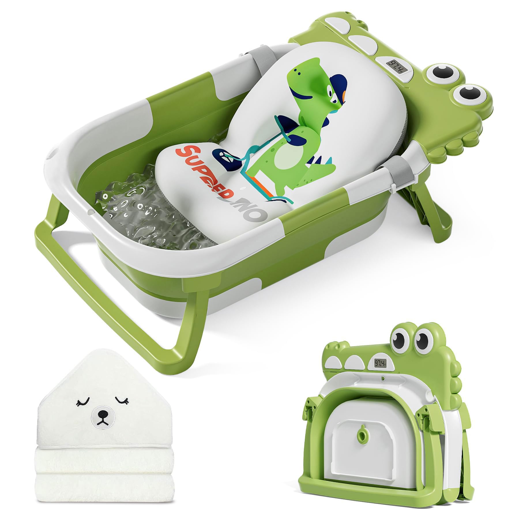 MoreFeel collapsible baby bathtub folded compactly for storage and travel.
