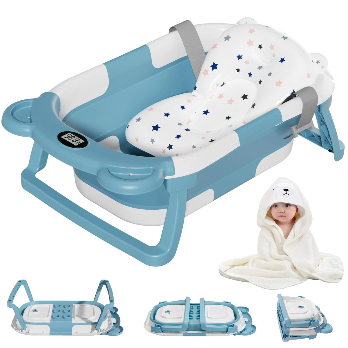 MoreFeel collapsible baby tub folded design shows compact storage for small spaces.