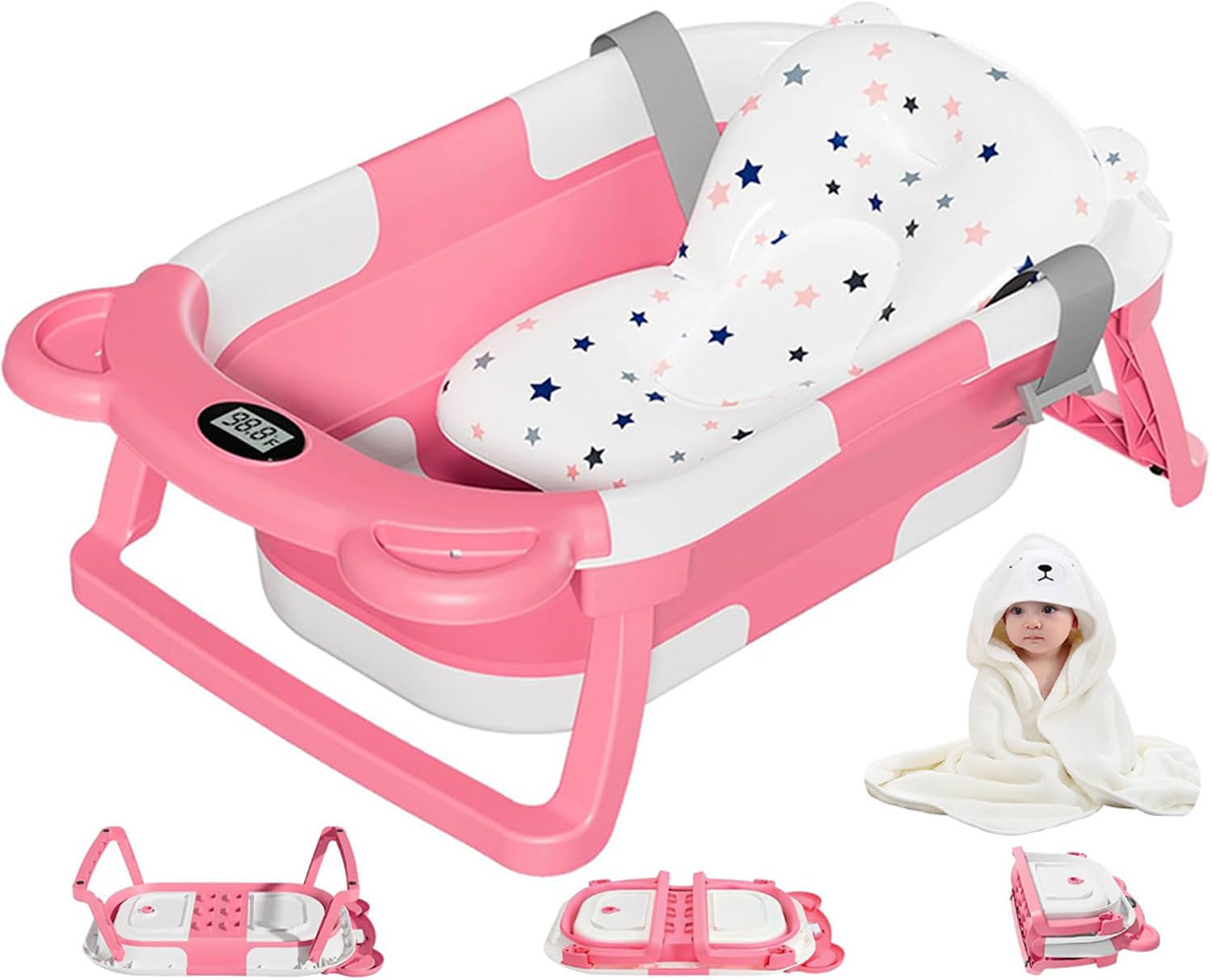 MoreFeel collapsible baby bathtub folded for compact storage and space-saving setup.
