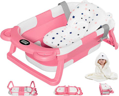 MoreFeel collapsible baby bathtub folded for compact storage and space-saving setup.