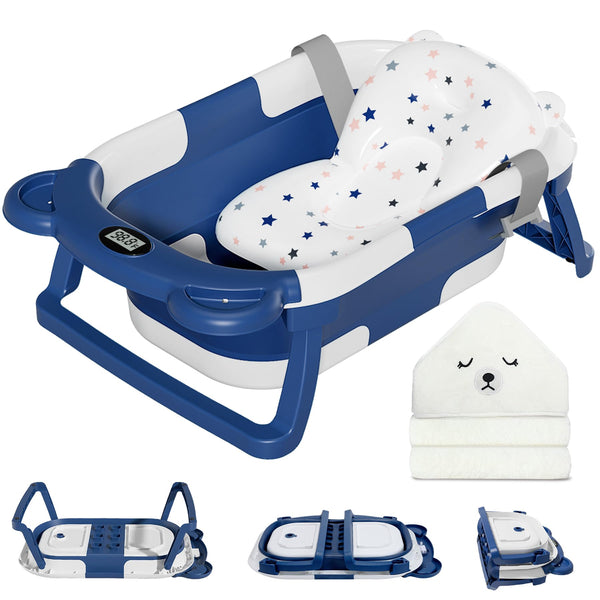 MoreFeel collapsible baby bathtub folded for compact storage and travel.
