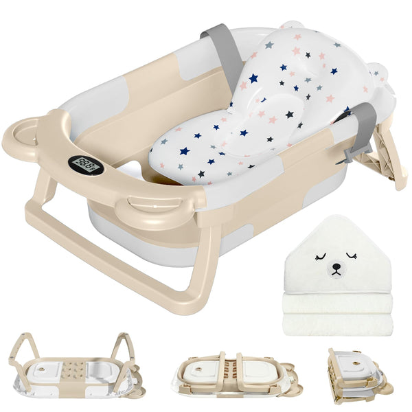 MoreFeel collapsible baby bathtub folded for compact storage and travel convenience