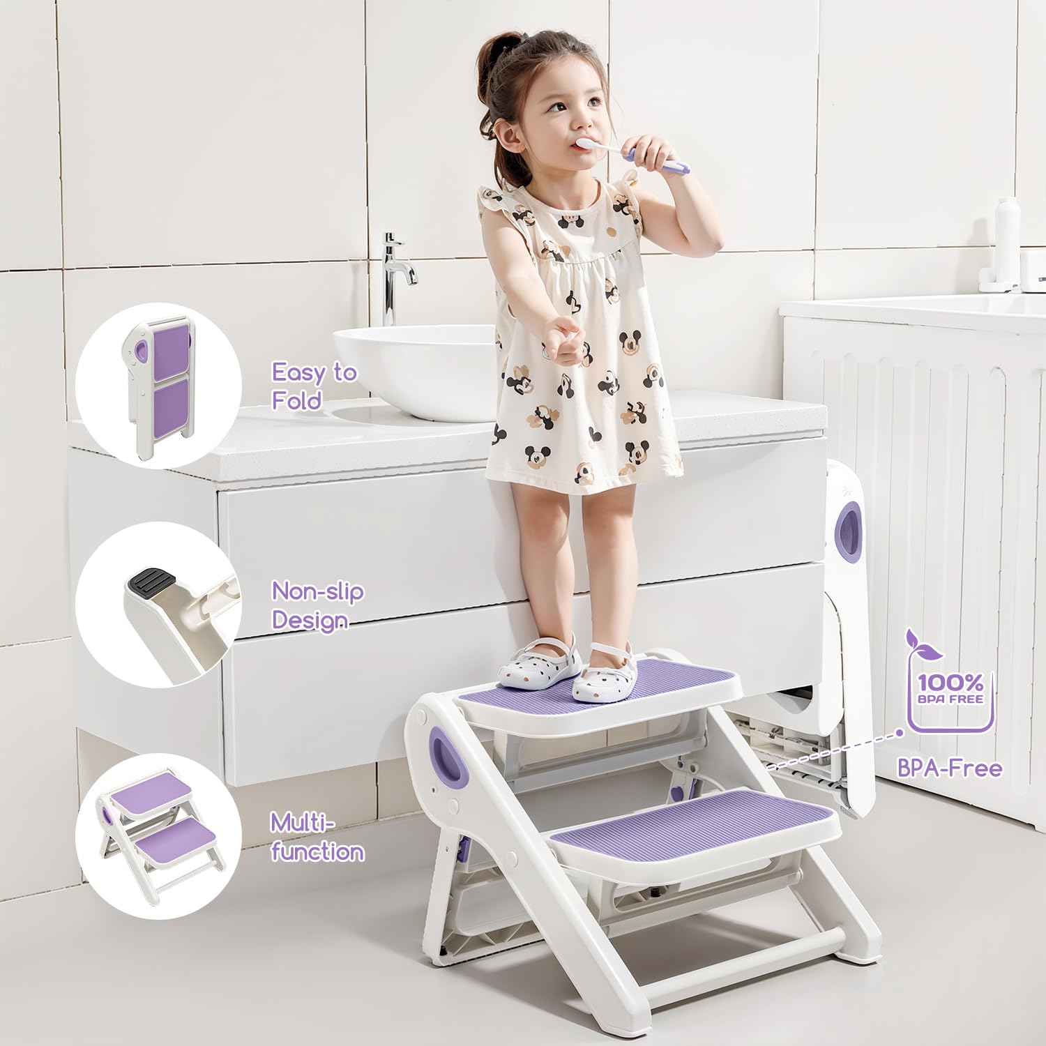 MoreFeel foldable toddler stool folded flat for compact storage behind a door.