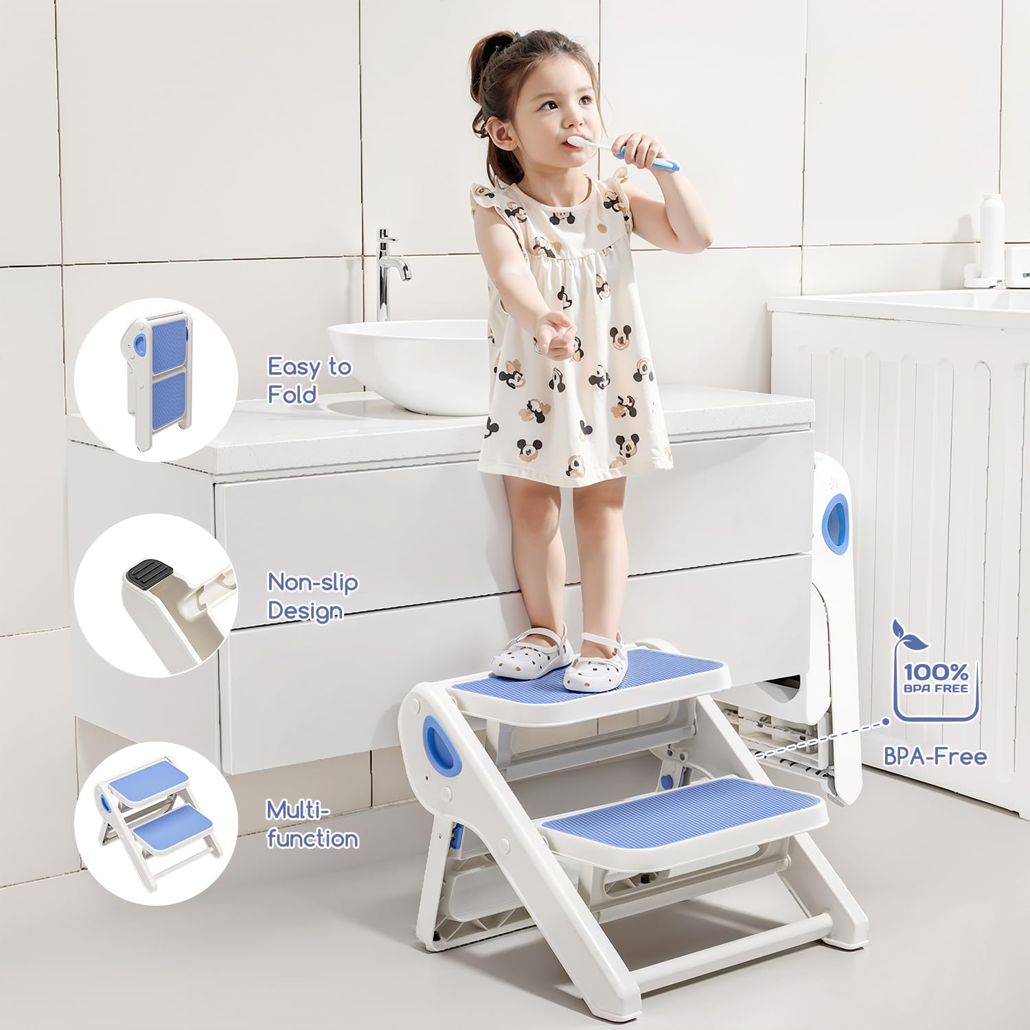 MoreFeel foldable toddler stool helping child wash hands safely at sink
