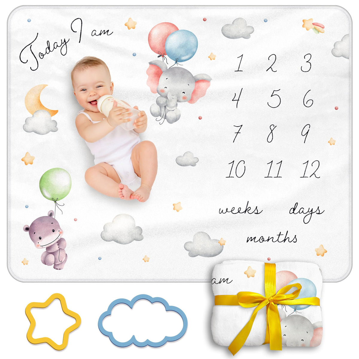 Moreiriny baby milestone blanket with clouds and stars serves as a soft backdrop for monthly photos.