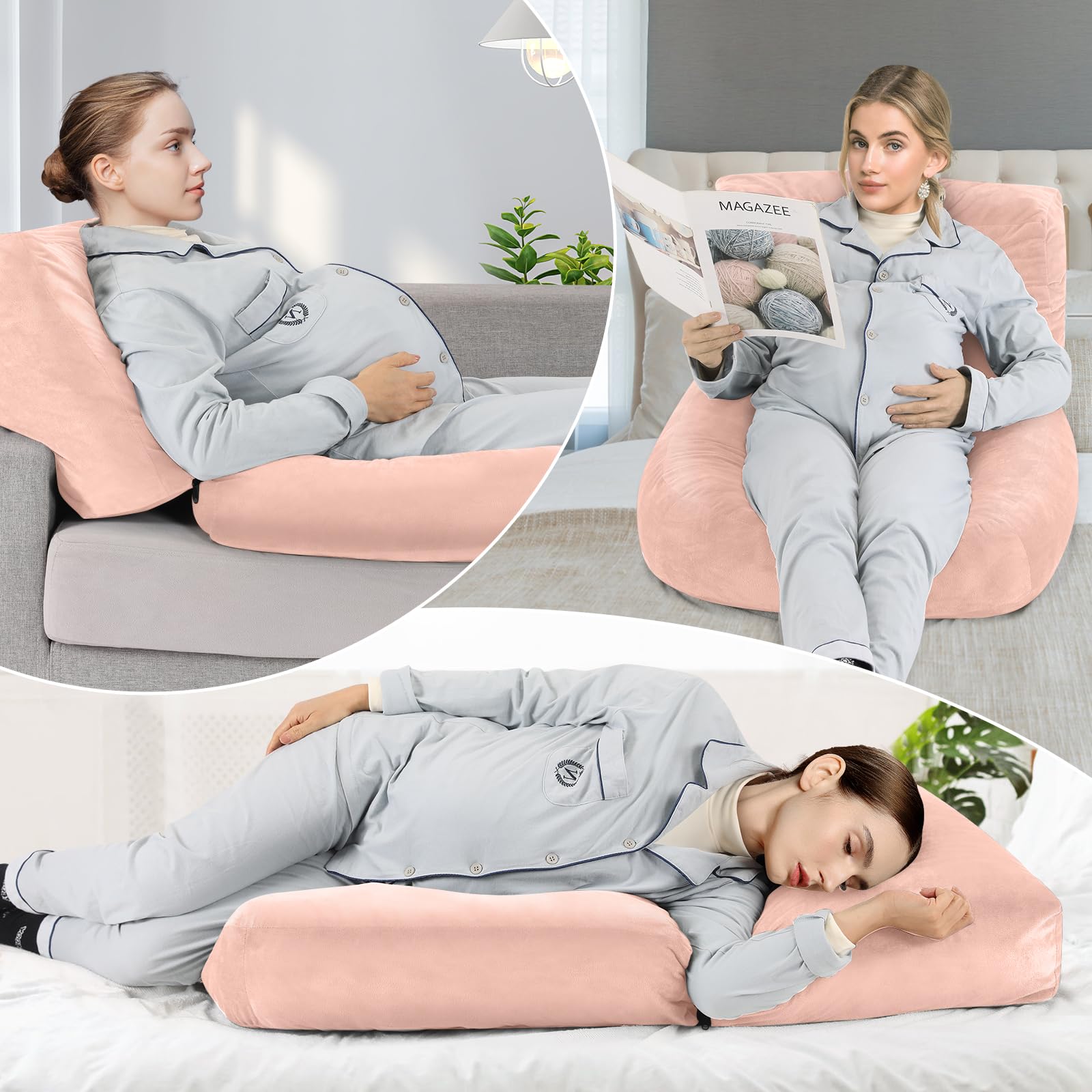 Morelexa pink maternity pillow supports back and hips overnight.
