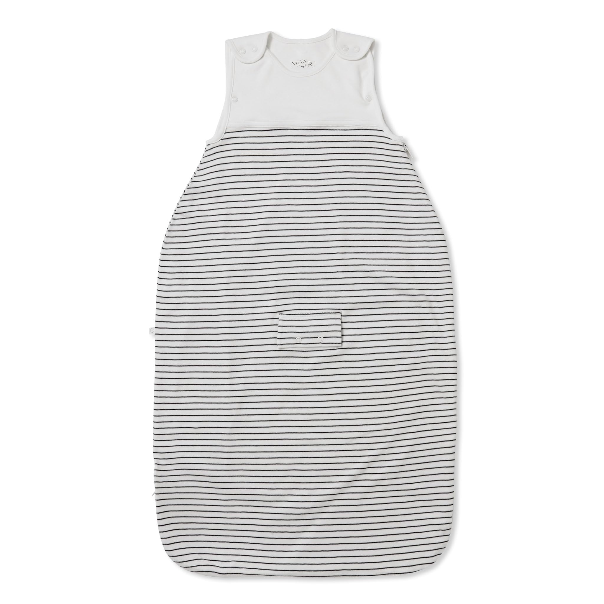 MORI baby sleep sack in grey stripe shows breathable warmth and snug fit for mild nights