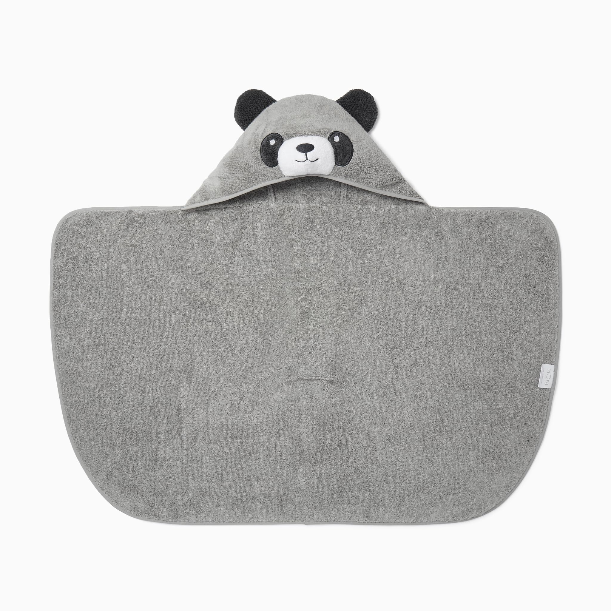 Panda-face embroidery detail on MORI towel adds playful charm