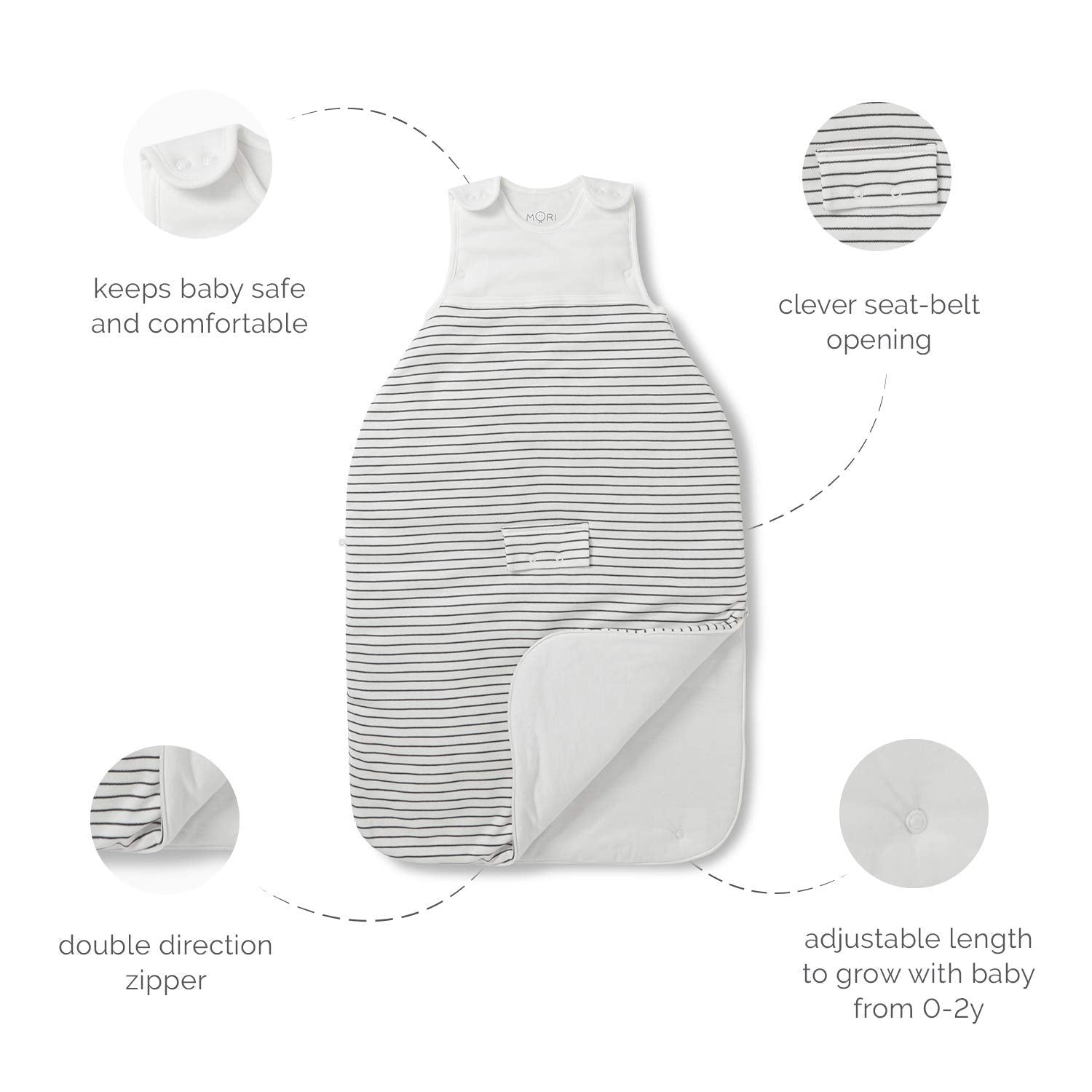 MORI soft organic cotton sleep sack features shoulder snaps for easy wear