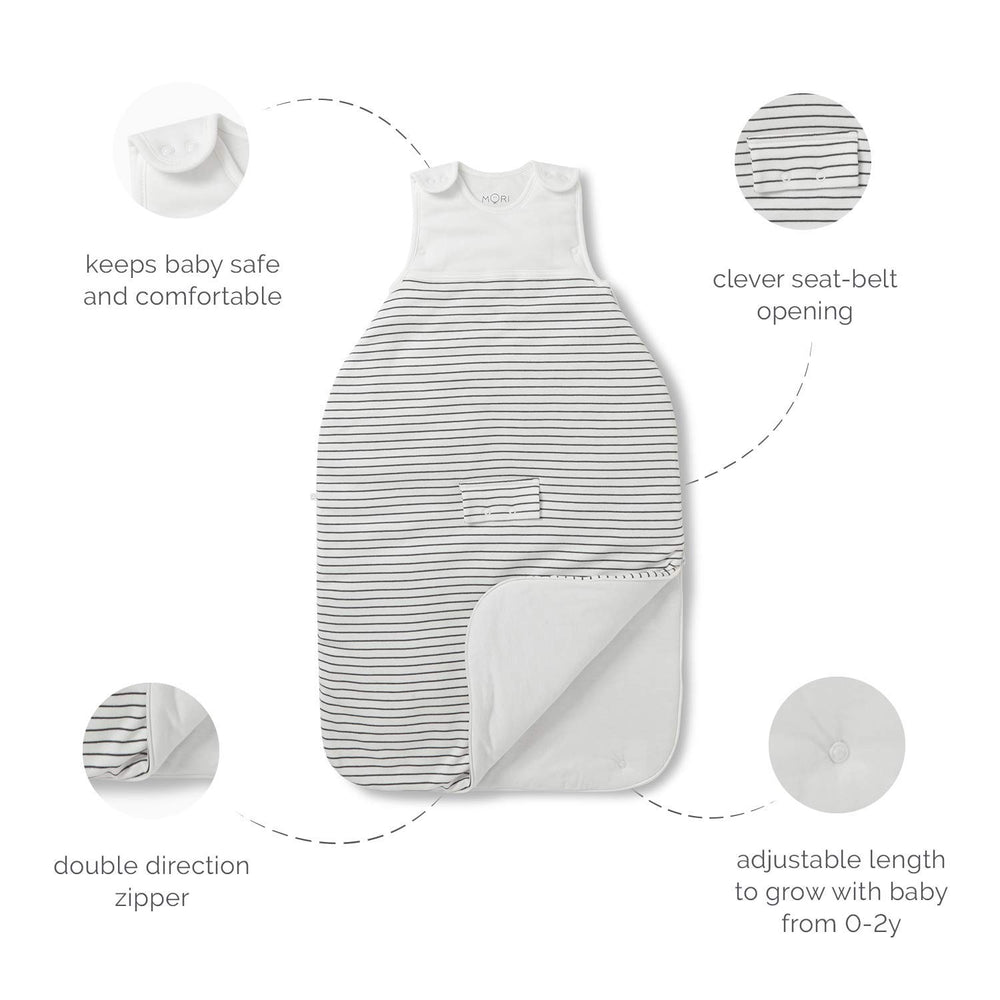 MORI soft organic cotton sleep sack features shoulder snaps for easy wear