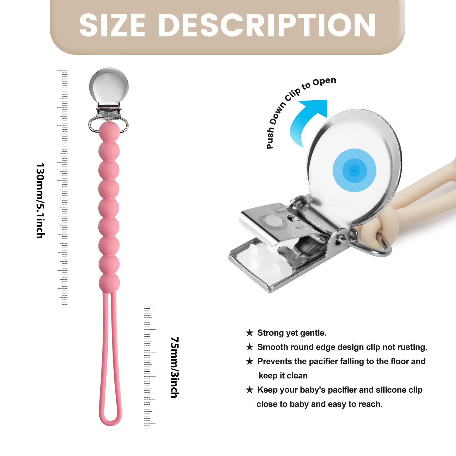 MORIBOX paci clip close-up shows secure attachment and easy grip