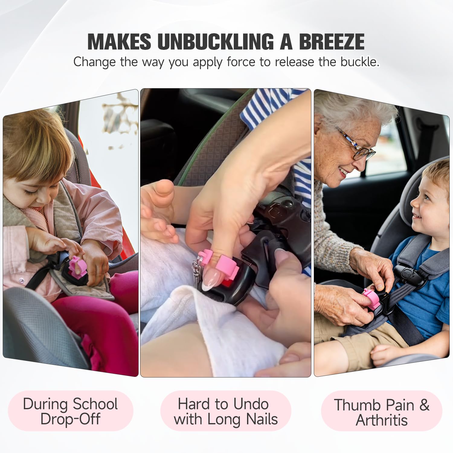 Universal push-button buckle compatibility helps parents with one tool