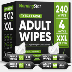 Morning Star adult wipes for the elderly—240 no-rinse wipes in four-pack case, convenient daily care.