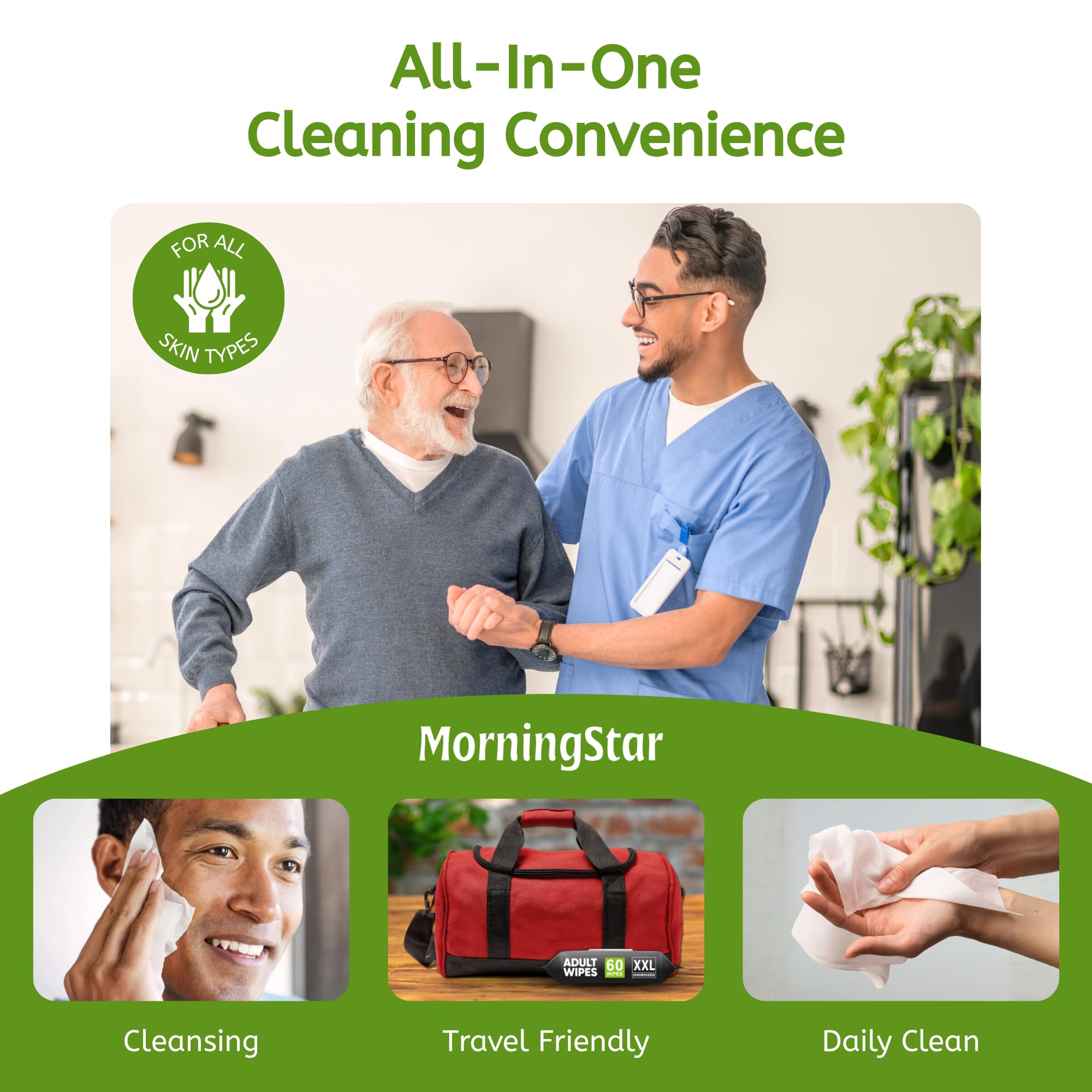 Flip-top lid keeps Morning Star wipes moist for easy one-handed access.