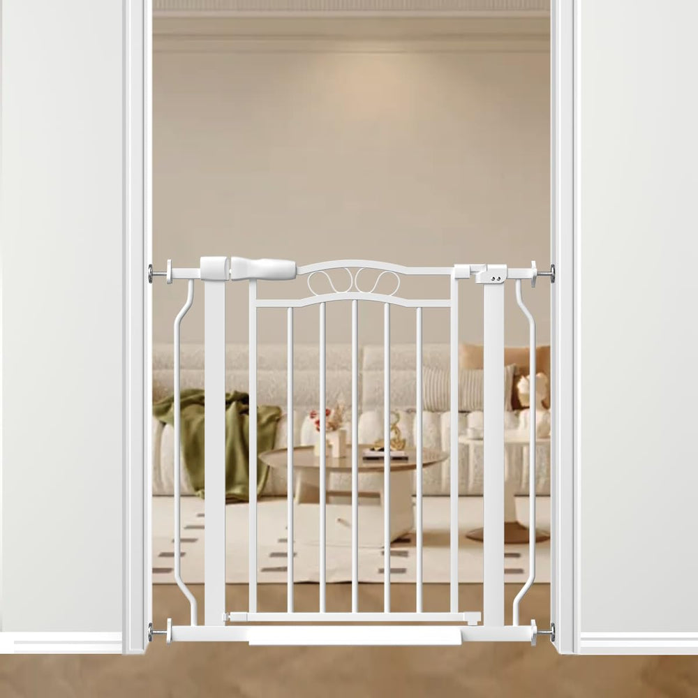 Mornyray 30-inch tall white gate in doorway for safe passage with kids.