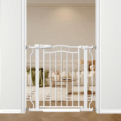 Mornyray 30-inch tall white gate in doorway for safe passage with kids.