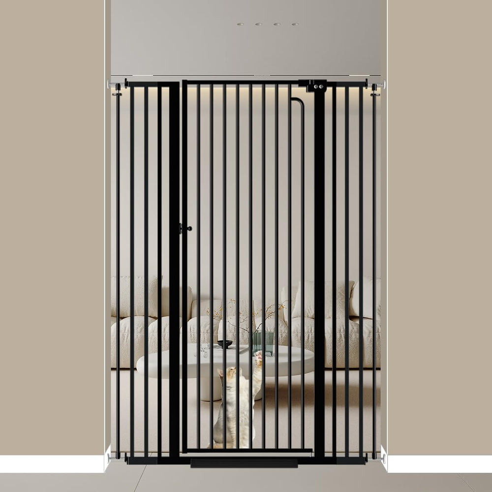 Mornyray 57 tall cat gate closed to block pets from crossing safely