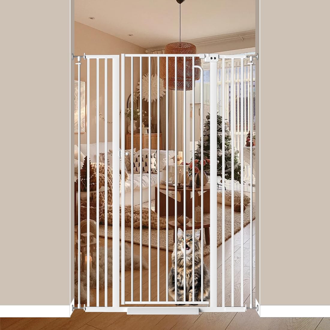 Mornyray 57-inch cat gate height keeps pets contained safely.