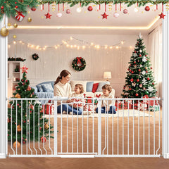 Mornyray extra-wide gate assembly demonstrates sturdy, adjustable width for doorways and stairs.