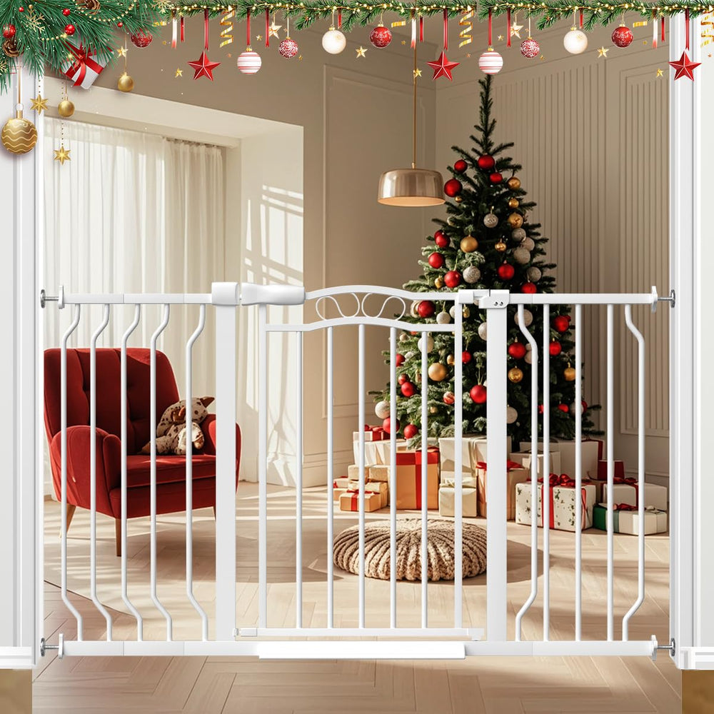Mornyray extra wide baby gate demonstrates adjustable width from 29.5 to 53.1 inches.