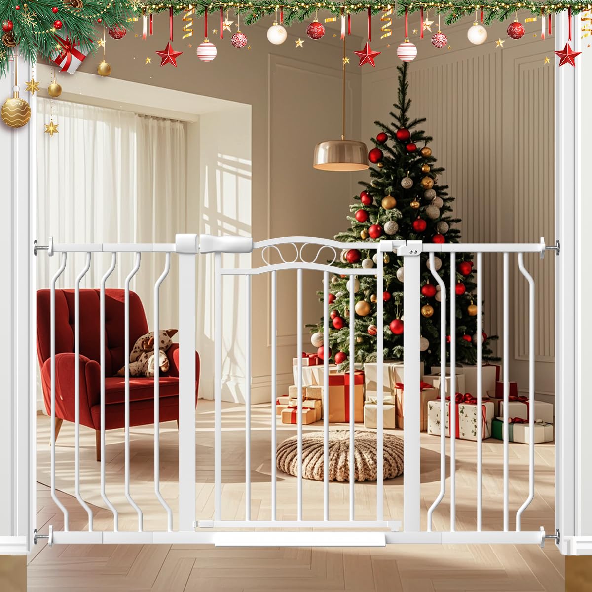 Mornyray extra wide baby gate demonstrates adjustable width from 29.5 to 53.1 inches.
