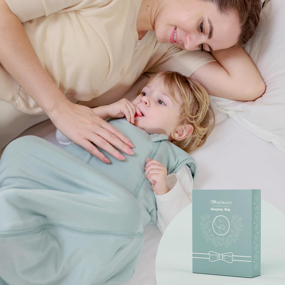 Mosebears sleep sack Sage top zipper in use for easy dressing