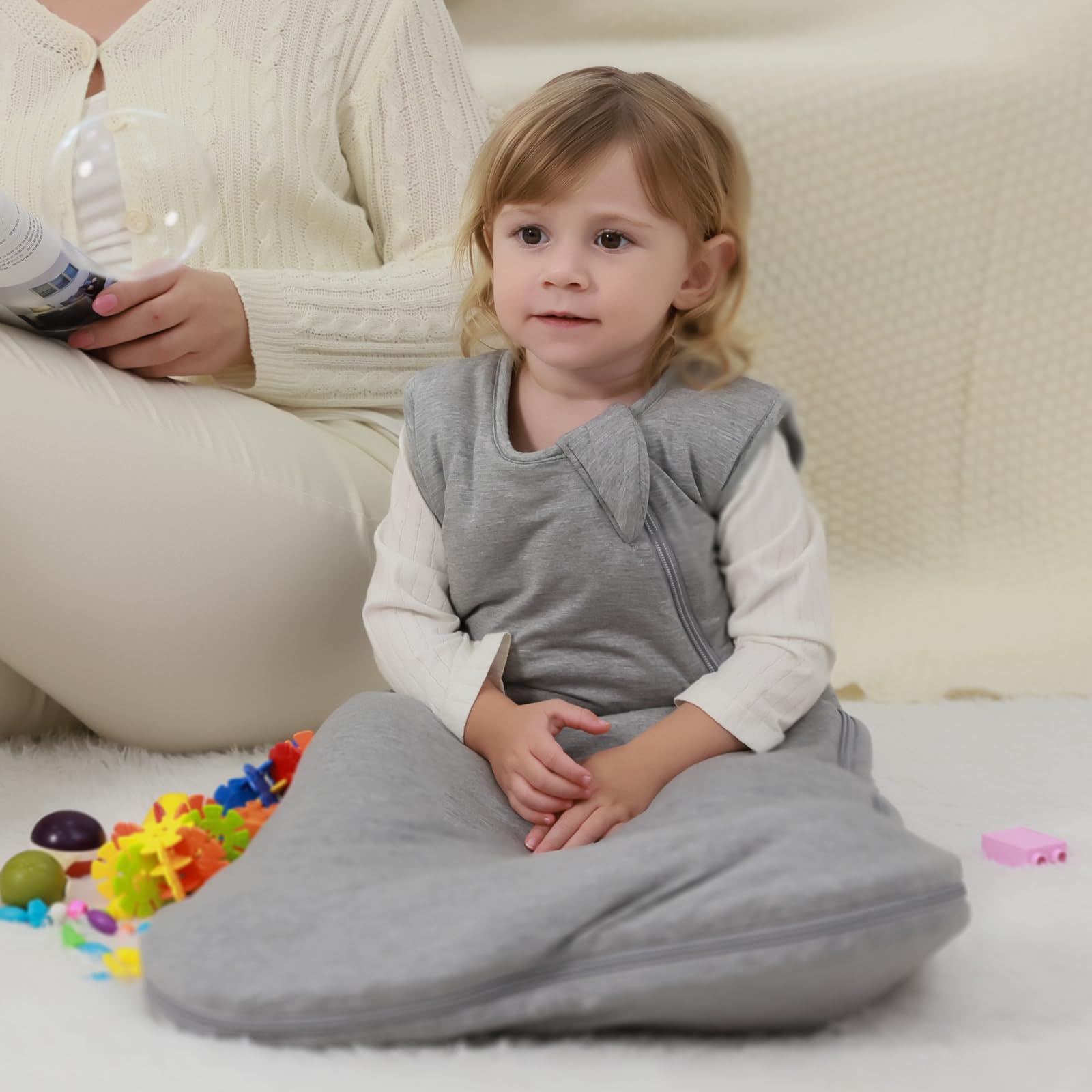 Mosebears sleep sack top zipper view enables easy baby placement.