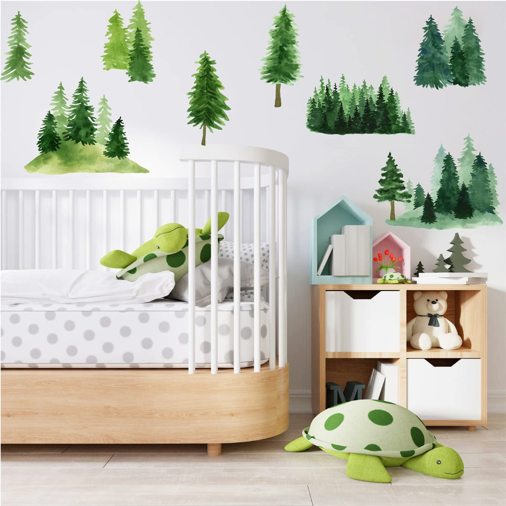 MOSITU watercolor forest tree decals enhance living room accents.