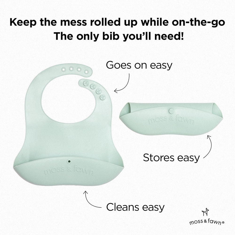 Moss and Fawn food-grade silicone bib is soft and easy to wipe clean.