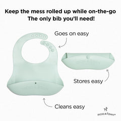 Moss and Fawn food-grade silicone bib is soft and easy to wipe clean.