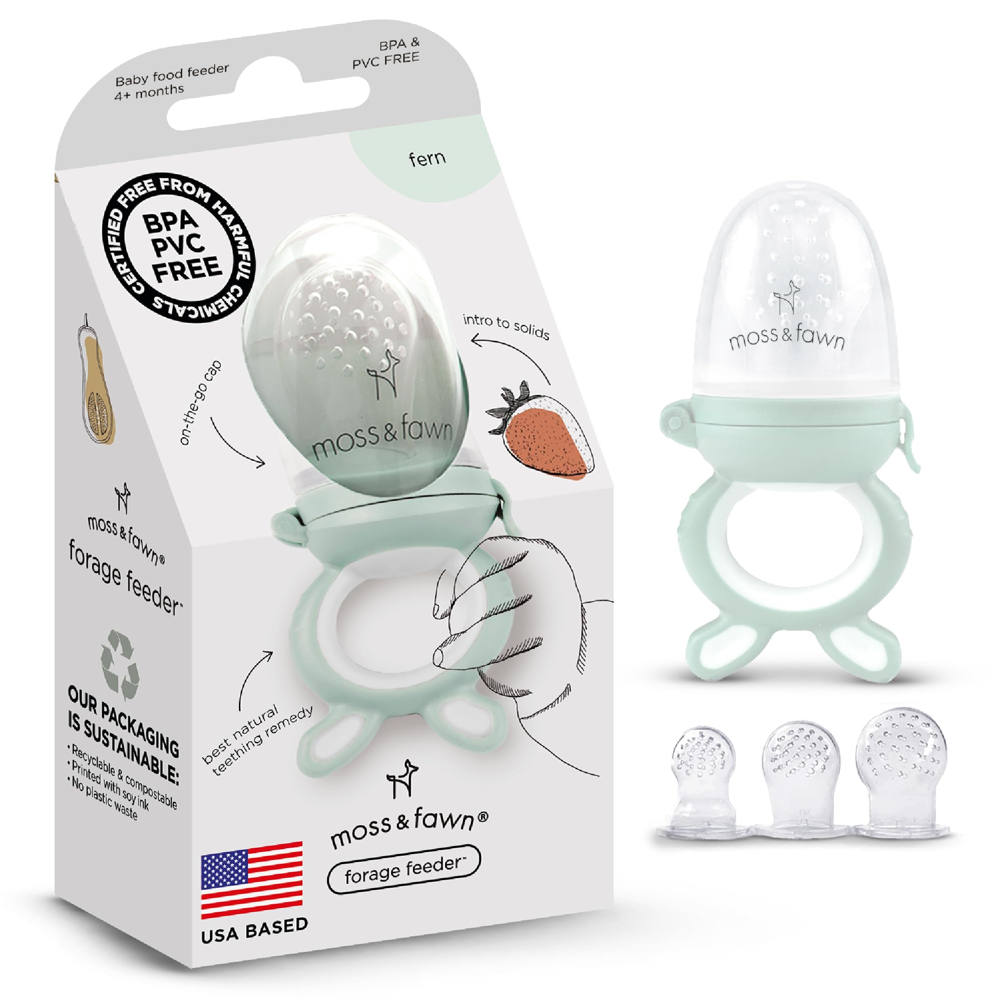 Moss and Fawn forage feeder with frozen-breastmilk popsicle soothing teething.