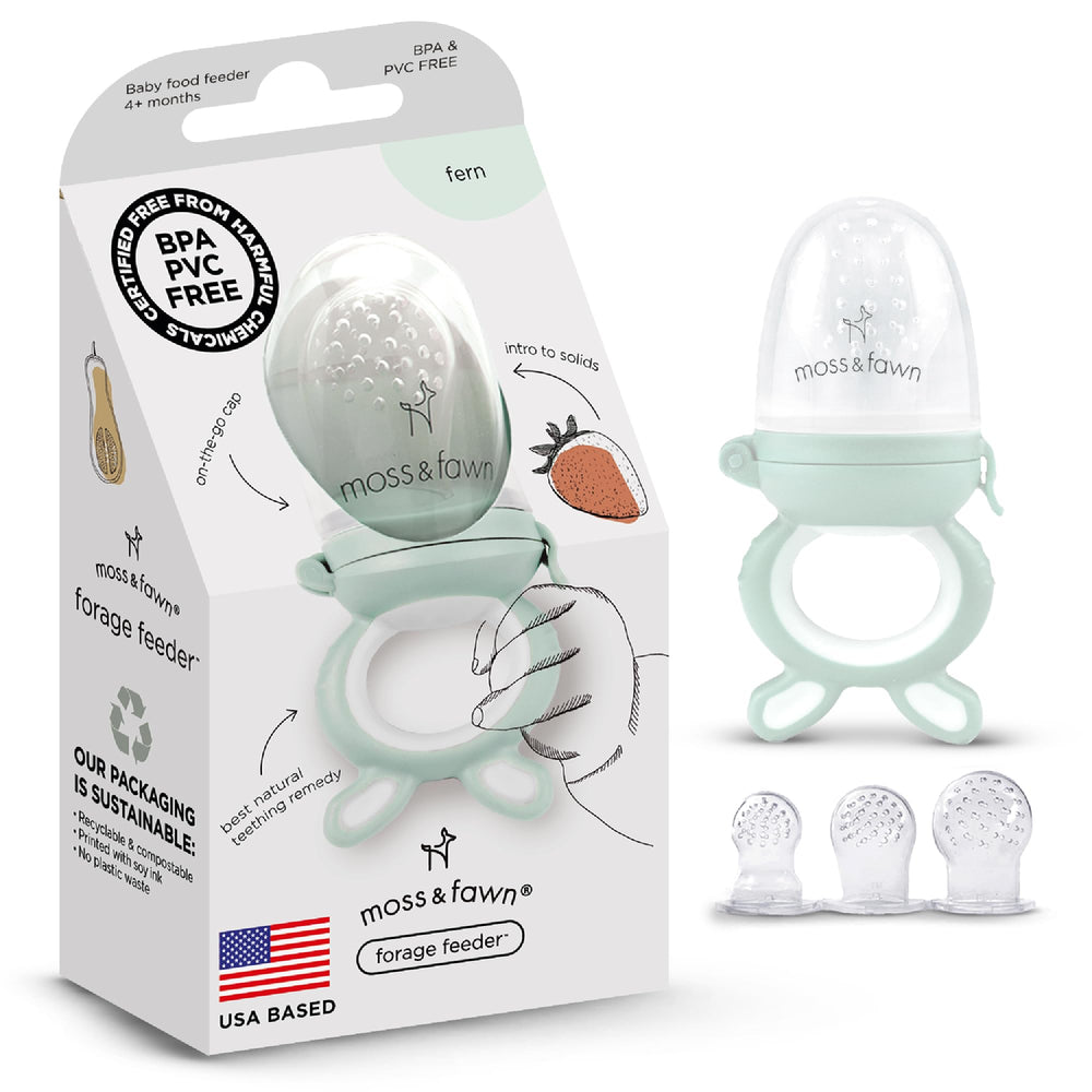 Moss and Fawn forage feeder with frozen-breastmilk popsicle soothing teething.