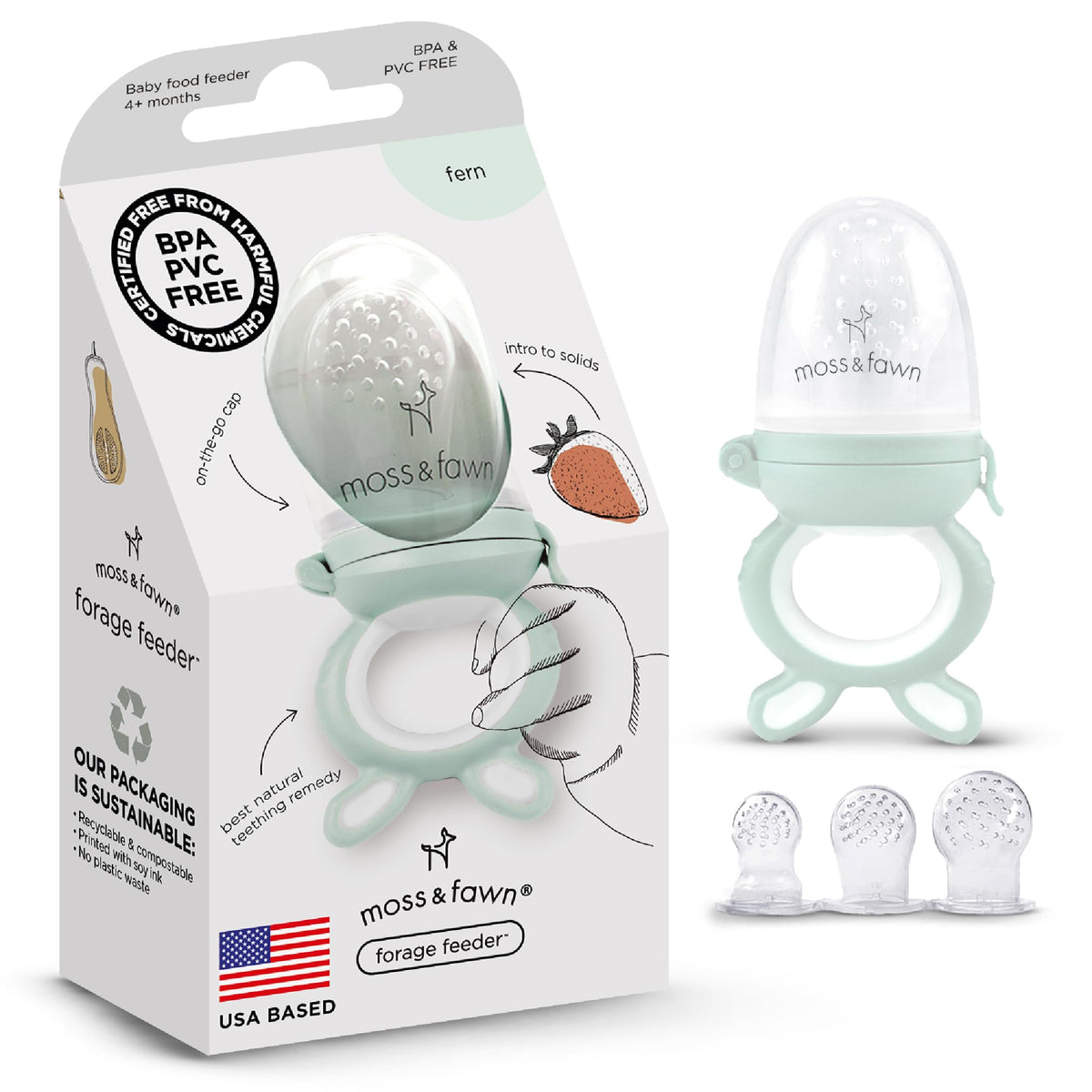 Moss and Fawn forage feeder with frozen-breastmilk popsicle soothing teething.