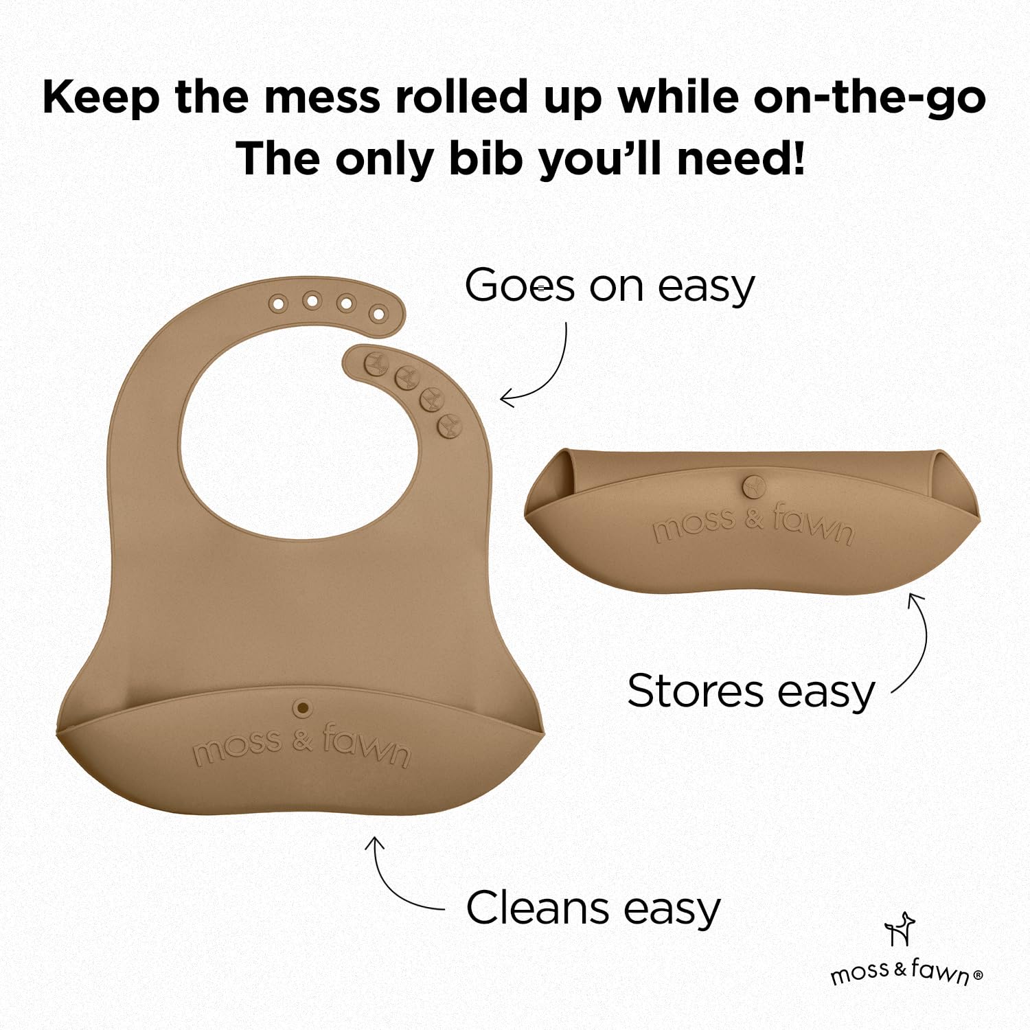 Moss and Fawn Gather & Roll Bib adjustable neck with four snaps for growing babies