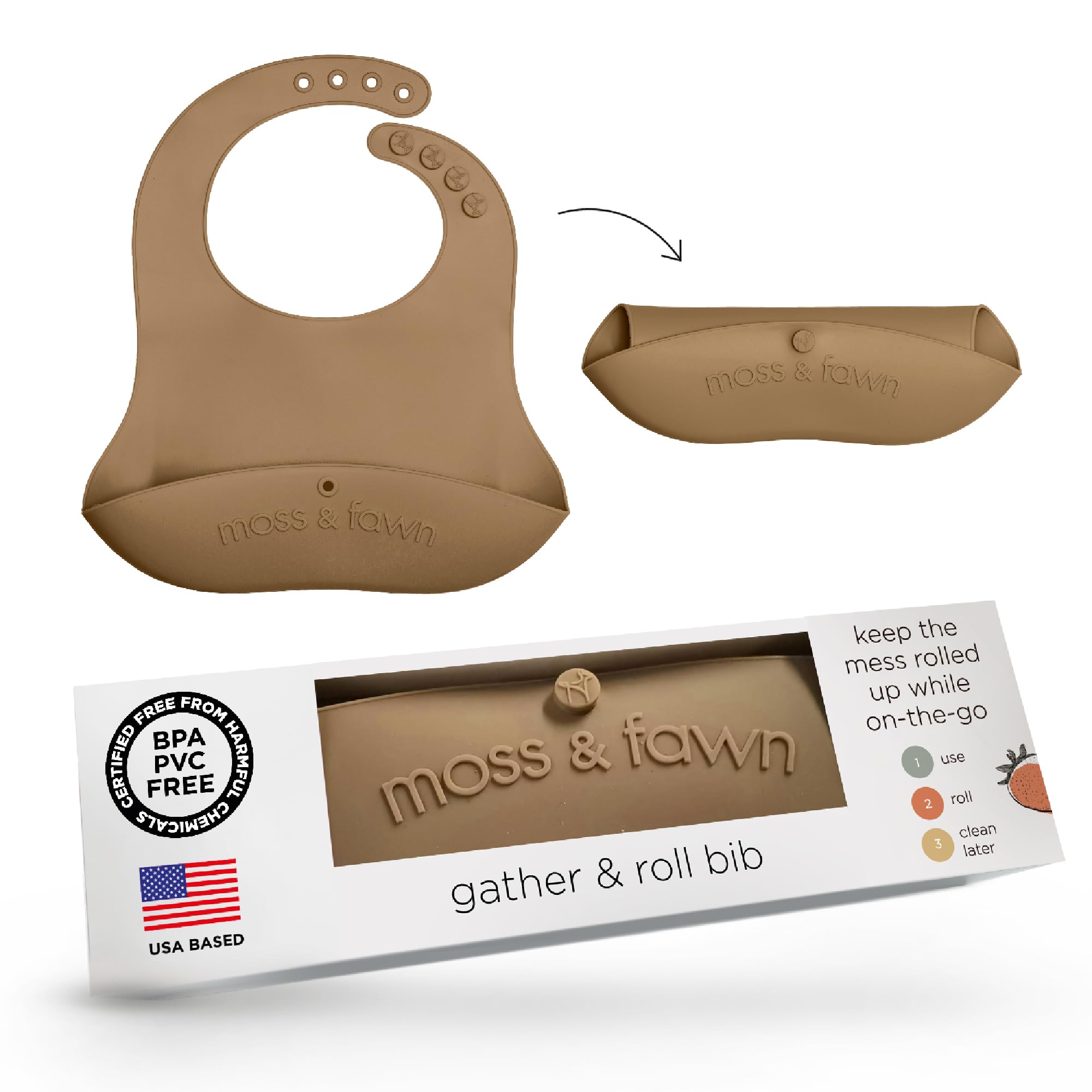 Moss and Fawn Gather & Roll Bib with closed snaps for mess-free meals on the go