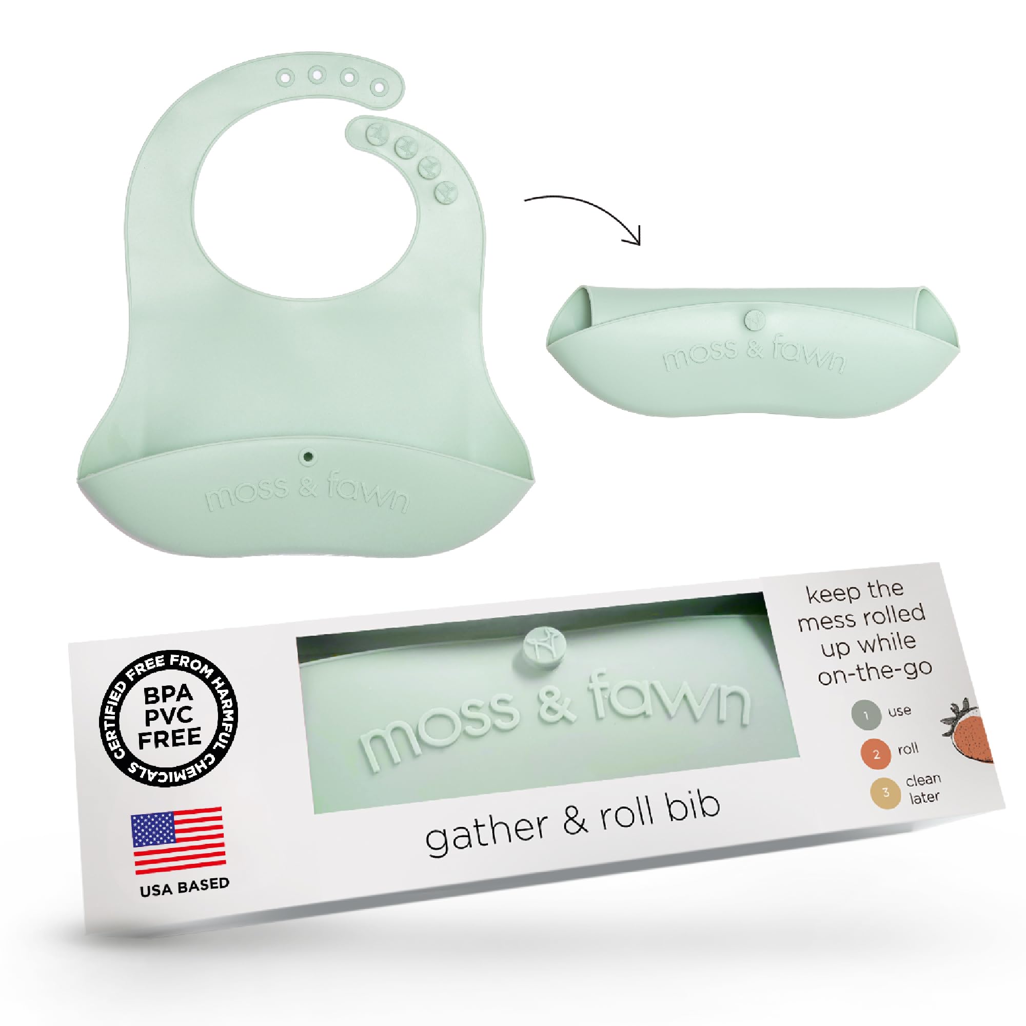 Moss and Fawn Gather & Roll Bib in fern for easy on-the-go meals.