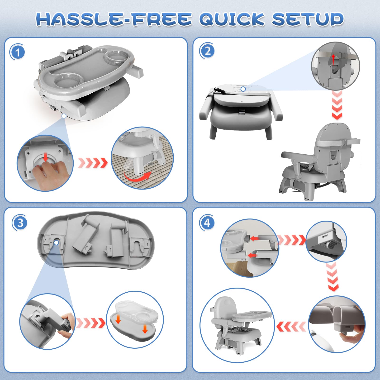 Three-point harness on the Mostop booster seat provides secure seating at the table.