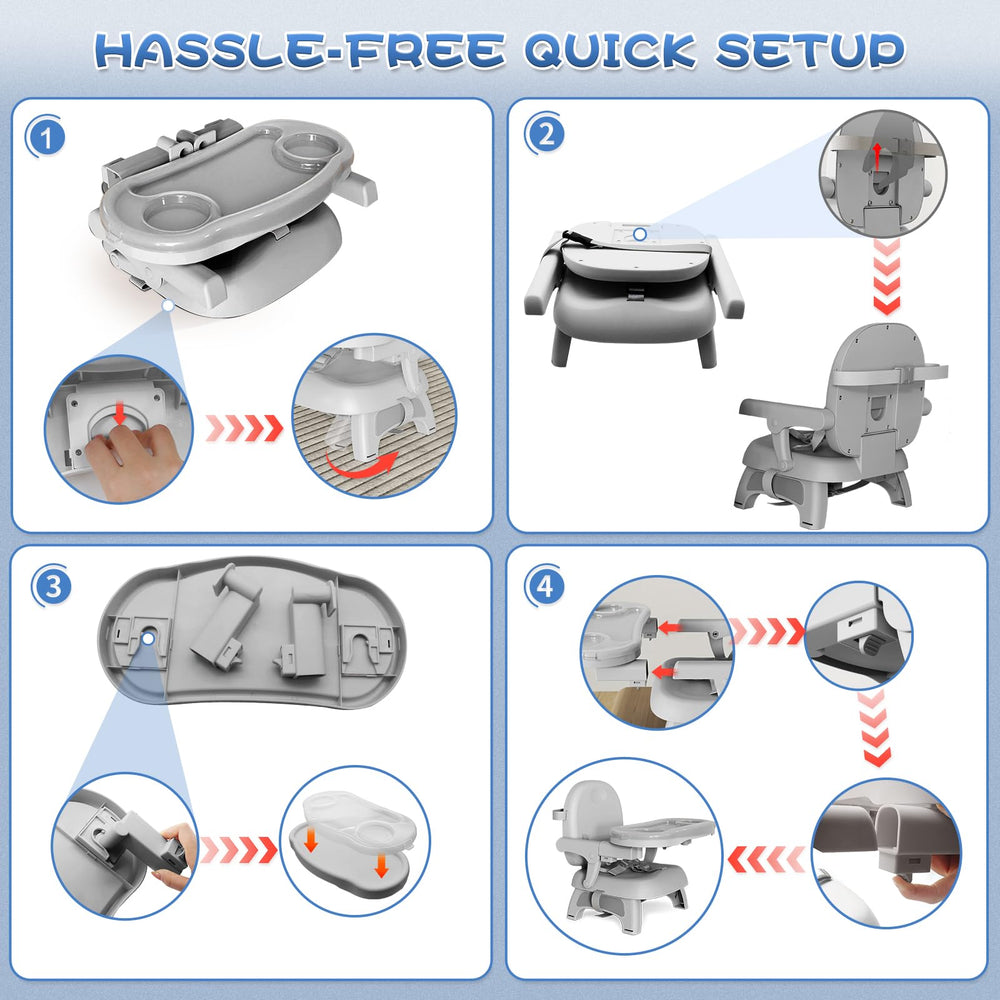 Three-point harness on the Mostop booster seat provides secure seating at the table.