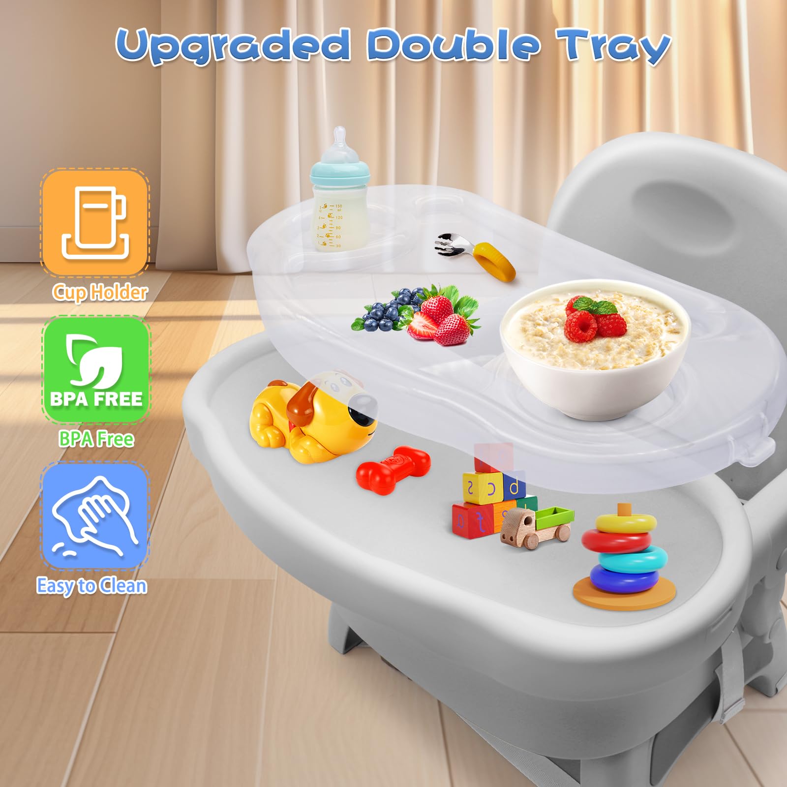 Cup holder integrated into the Mostop booster seat's tray for beverages within reach.